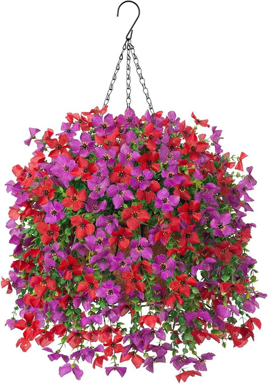 Artificial Hanging Flowers Plants with Basket for Outdoors, Realistic Faux Silk Daisy Flower Eucalyptus for Spring Decor, UV Resistant Fake Plants for Porch Patio Yard Balcony, Red Purple