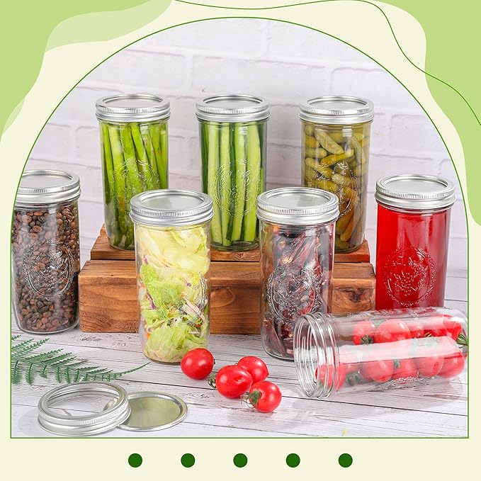 Mason Jars 24 oz Wide Mouth with Measurement Marks–12Pack Glass Canning Jars with Airtight Leakproof Lids & Bands, BPA-Free for Meal Prep, Fermentation, Pickling & Storage (clear 12pack 24oz)