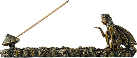 Top Collection Fairy and Mushroom Incense Holder-Hand Painted Mythical Creature with Bronze Finish Look - 10-Inch Collectible Figurine
