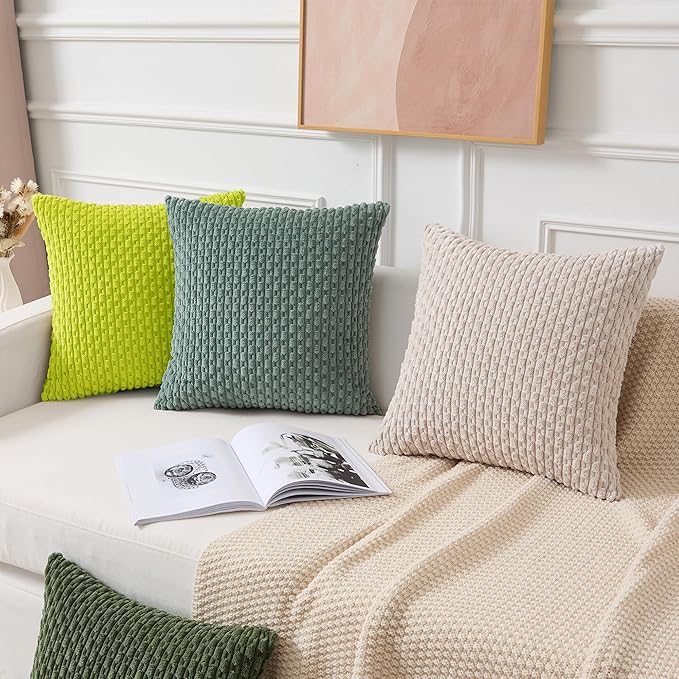 Kevin Textile Decorative Pillow Covers Set of 2 Striped Plush Corduroy Pillows Pillowcases Boho Home Decor Cushion Covers for Couch Sofa Bed Living Room 20x20 Inch, Christmas Green