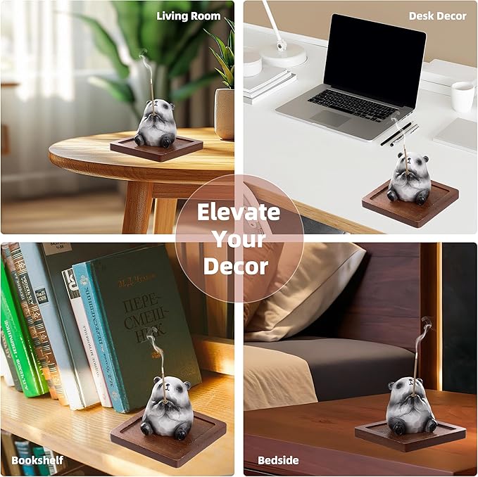 Lionpower Incense Holder for Sticks with Burner & Ash Catcher - Resin Panda, Wooden Tray, 10 Incense Sticks for Meditation Yoga Spa, Cute Home Decor Room Accessories (Panda)
