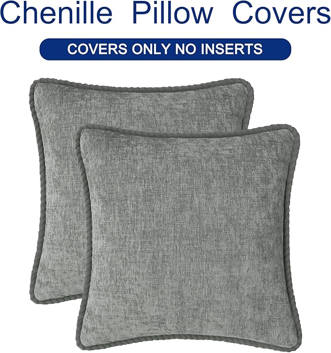 CaliTime Decorative Couch Throw Pillow Covers 18 X 18 Inches Pack of 2 Cozy Chenille Piping Edge Cushion Cases for Sofa Bed Living Room Home Medium Grey
