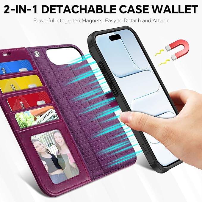TUCCH Detachable Case Wallet for iPhone Air (6.5") 2025, Wrist Strap | 4 Card Slots RFID Blocking | Wireless Charging | Stand | 2-in-1 Magnetic | PU Leather | Shockproof Folio Cover | Plum Purple