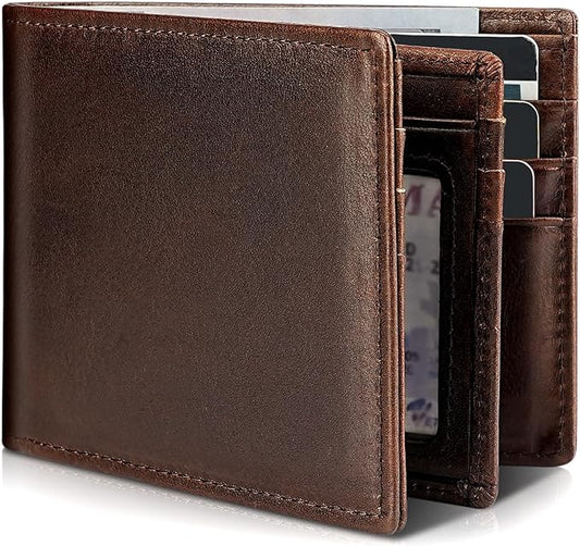 Artpaxy Mens Wallet Genuine Leather Bifold RFID Blocking Wallet for Men with 1 ID Window 13 Card Holders 2 cash pockets 1 Gift Box