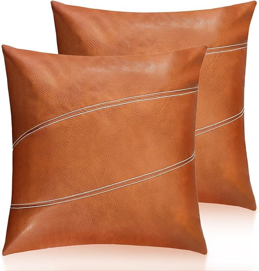 Faux Leather Throw Pillow Covers 18X18 Inch Set of 2 Brown Outdoor Modern Farmhouse Solid Decorative Pillow Covers for Room Couch Living Bedroom Bed Sofa Parallel Stitching