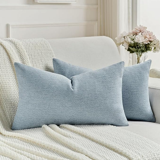 FUTEI Denim Blue Chenille Decorative Throw Pillow Covers 12x20 Inch Set of 2,Soft Cozy Faux Linen Textured Lumbar Pillow Cases,Farmhouse Home Decor for Couch Living Room