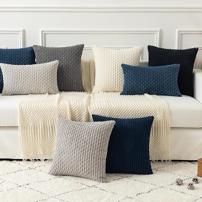 Kevin Textile Pack of 2 Corduroy Decorative Throw Pillow Covers 12x20 Inch Soft Boho Striped Pillow Covers Modern Farmhouse Home Decor for Autumn Sofa Living Room Couch Bed Blue
