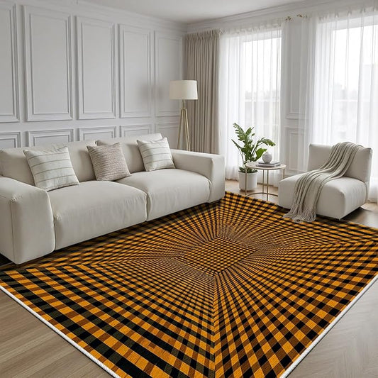 3D Rugs Optical Illusion - Plaid Rug 3x4, Geometric Stripes Soft Neutral Indoor Floor Mats Carpet, Non-Slip Stain Resistant Modern Orange Rug for Bedroom, Living Room Rugs