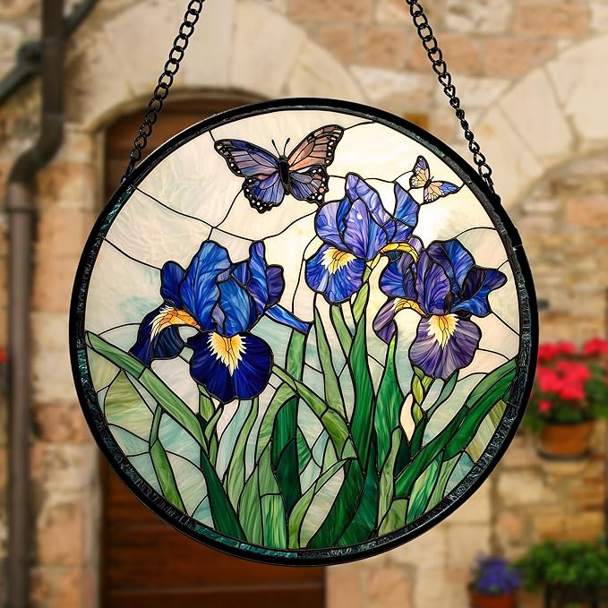 DASTOLL Stained Glass Window Hanging, Blue Purple Butterfly Flower Suncatcher Diamond Colorful Glass Panel Sun Catchers Decor for Birthday for Women, Men, Wife, Aunt, and Mom 15x15 in