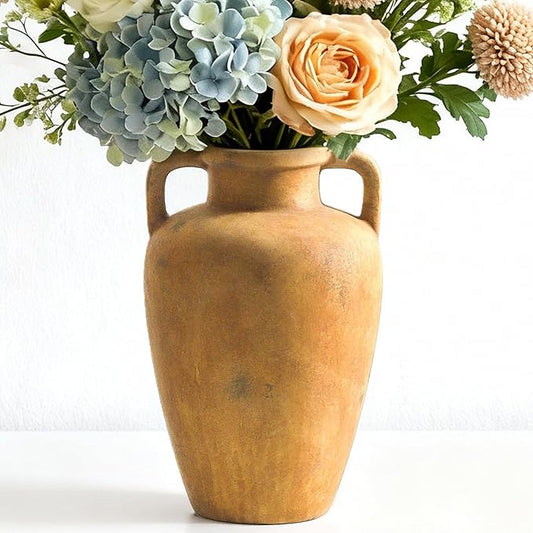 Rustic Vase, Ceramic Flower Vase for Centerpieces, 8.85 inch Large Decorative Terracotta Vintage Vases, Farmhouse Rustic Vases for Home Decor, Living Room, Table, Neutral
