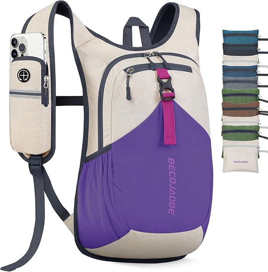 BECOJADDE 15L Small Hiking Backpack for Men Women Foldable Packable Back Pack Ultralight Hiking Daypack for Travel Camping Outdoor, Beige Purple
