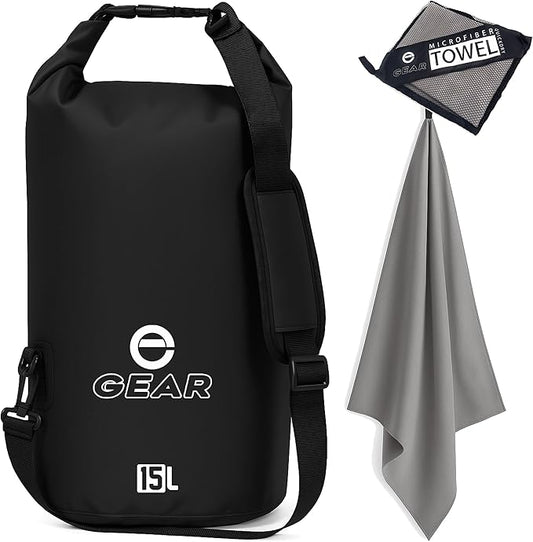 Waterproof Dry Bag 15L with Free Quick Dry Microfiber Towel – Floating Roll Top Dry Sack for Kayaking, Boating, Camping & Beach Adventures – Enthusiast Gear