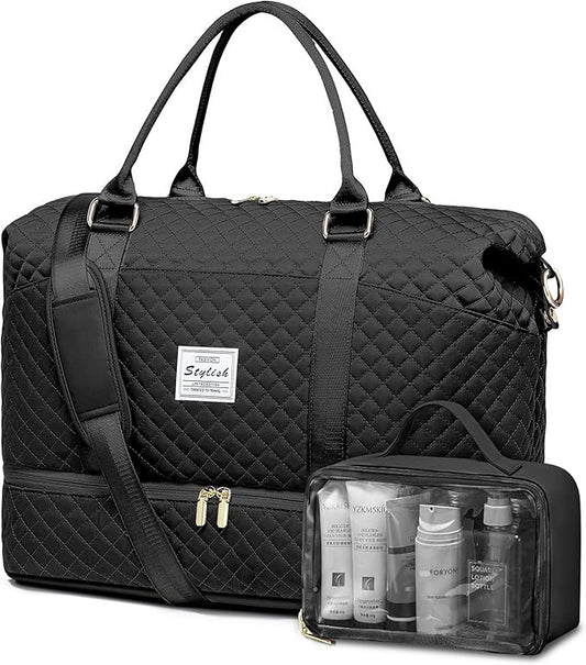 Women Weekender Travel Duffle Bags - Large Duffel Overnight Bag with Shoe Compartment & Toiletry Carry on Tote Weekend Yoga Gym Bags with Wet Pocket Hospital Bags for Labor and Delivery Black