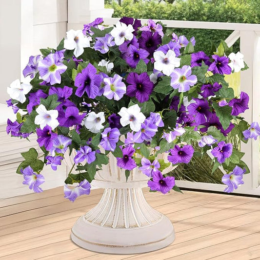 Artificial Fake Flowers for Outdoor Plants Decoration,2 Pcs Faux Petunias Flowers Plants UV Resistant Silk for Porch Yard Garden Home Indoor Decor(Purple White)