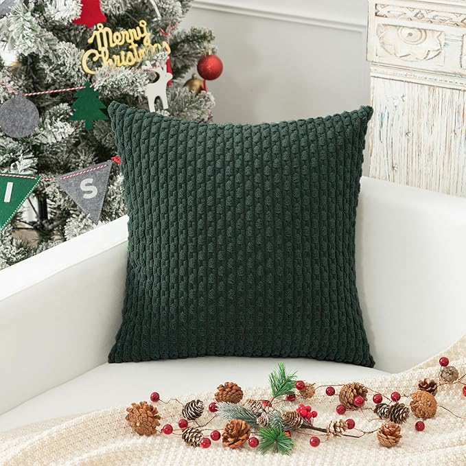 Kevin Textile Christmas Decorative Pillow Covers Set of 2 Striped Plush Corduroy Pillows Pillowcases Boho Home Decor Cushion Covers for Couch Sofa Bed Living Room 26x26 Inch, Army Green