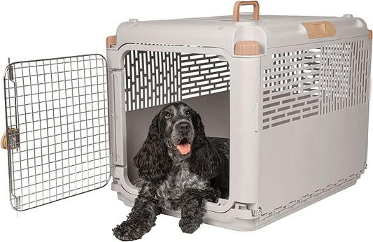 SportPet Designs Collapsible Medium Pet Travel Carrier (Tan), Hard-Sided Kennel for Medium Dogs, Puppies, Cats, Kittens, Animals up to 50lbs, Washable Home & Outdoor Pet Crate, 30.6"L x 22"W x 23.25"H