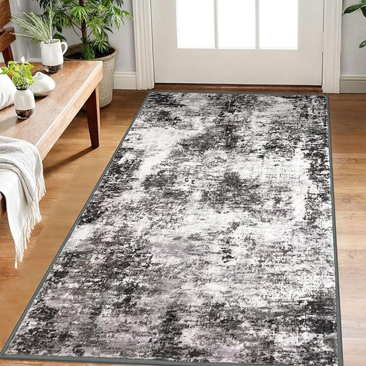 Modern Abstract Small Area Rug Indoor 3x5 Washable Rug Non-Slip Soft Black Grey Entryway Rug Kitchen Mats Thin Print Faux Wool Floor Carpet Throw Rugs for Entrance Bedroom Home Decor