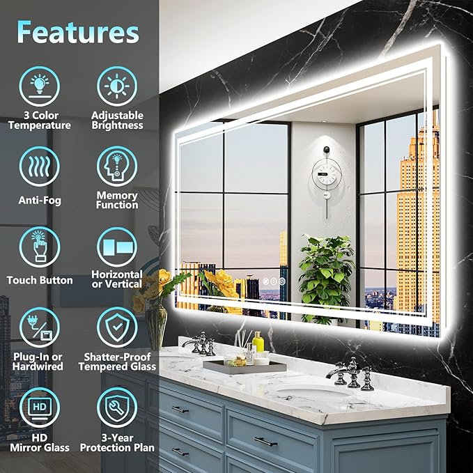 84x40 LED Bathroom Mirror with Lights, Backlit & Front Lit, Anti-Fog Frameless Lighted Vanity Mirrors for Bathroom Wall, Dimmable, 3-Color Light, Memory, Shatter-Proof, Tempered Glass, CRI＞90