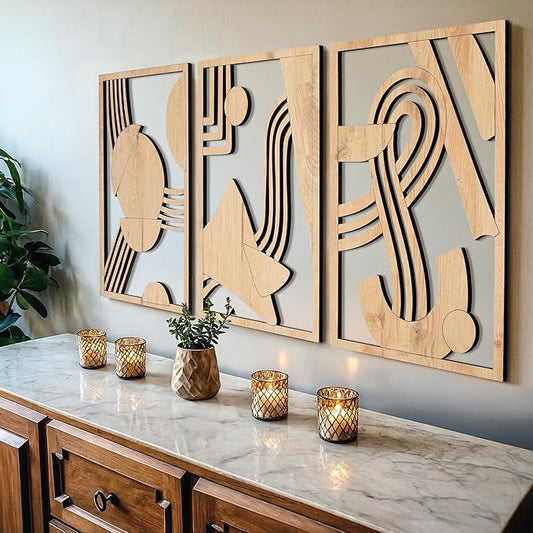 qmmp Modern Wooden Wall Sculptures - Set of 3 - Home Decor Accent - Large Wall Art for Living Room, Bedroom, Office - Easy Installation (Oak, Large - Abstract Shapes)