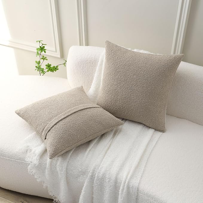 FUTEI Pack of 2 Oatmeal Decorative Throw Pillow Covers 18x18 Inch Soft Cozy Solid Boucle Textured Cushion Case,Modern Home Decor for Couch Bed Living Room