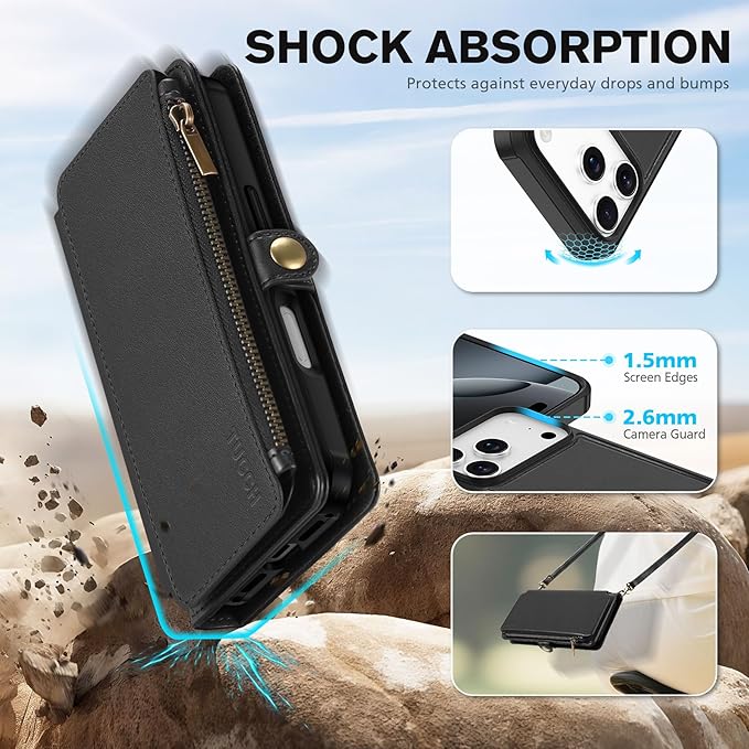 TUCCH Crossbody Detachable Wallet Case for iPhone 17 Pro 6.3" 2025, 9 Card Slots RFID Blocking | Wireless Charging | Wrist Strap | Lanyard | Stand | Zipper Pocket | PU Leather Shockproof Cover | Black