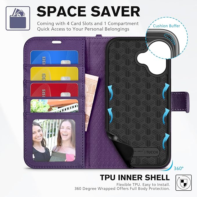 TUCCH Case Wallet for iPhone 17 (6.3") 2025, Wrist Strap, Stand, RFID Blocking, 4 Card Holder, TPU Shockproof Inner Shell, PU Leather, Magnetic Closure Folio Protective Cover, Deep Purple