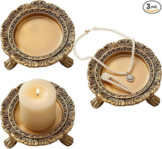 3 Pack Brass Color Candle Holder Pedestal Dish Stand Gold Vintage Tray Clawfoot Plate Decor for Jewelry Wax Ring Trinket