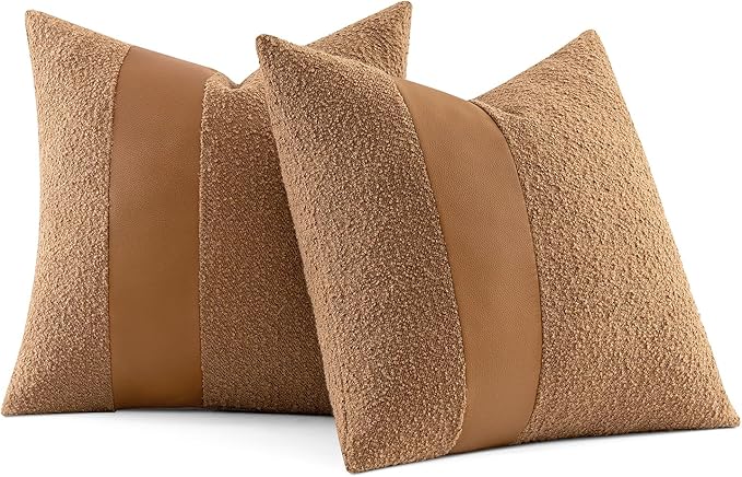 MIULEE Boucle Throw Pillow Covers 16x16 Inch Set of 2 Brown Faux Leather Textured Decorative Pillow Cases Boho Farmhouse Accents Cushion Covers for Couch Bed Livingroom Home Decor