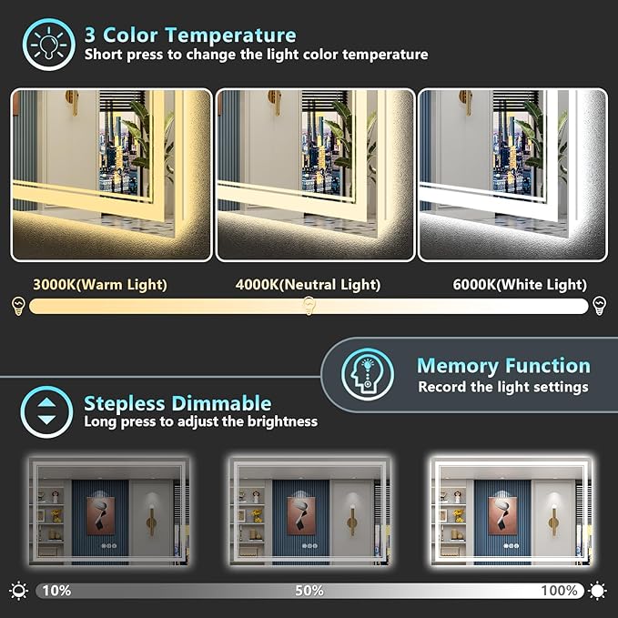60x30 LED Bathroom Mirror with Lights, Backlit & Front Lit, Anti-Fog Frameless Lighted Vanity Mirrors for Bathroom Wall, Dimmable, 3-Color Light, Memory, Shatter-Proof, Tempered Glass, CRI＞90