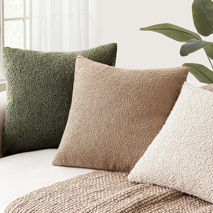 Foindtower Decorative Textured Boucle Throw Pillow Covers Accent Solid Pillow Cases Neutral Soft Cozy Couch Cushion Case for Chair Sofa Bedroom Living Room Home Decor 26x26 Inch,1PC,Moss Green