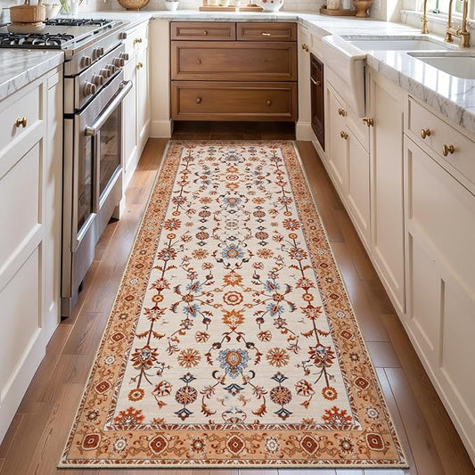 Tangsoo Washable Runner Rug for Hallway Non Slip, 2x6 Boho Floral Vintage Carpet Runner Rugs for Entryway, Floor Low Pile Runners for Kitchen Bathroom Laundry Bedroom Alfombra Orange Farmhouse