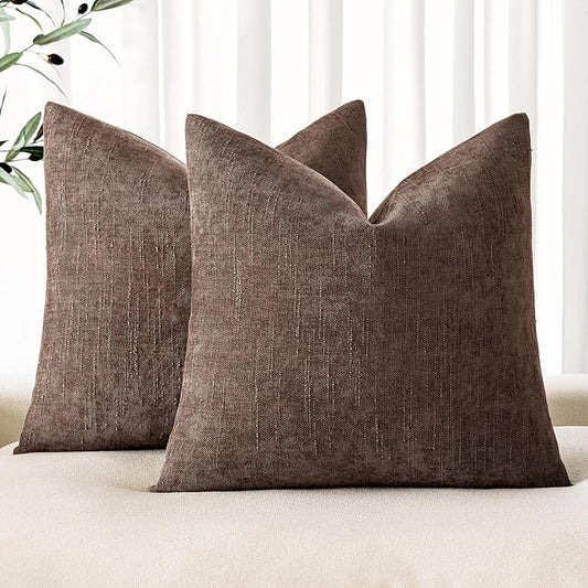 MIULEE Pack of 2 Decorative Throw Pillow Covers Soft Chenille Throw Pillows Solid Textured Cushion Covers for Couch Sofa Bedroom Living Room 22x22 Inch, Chocolate