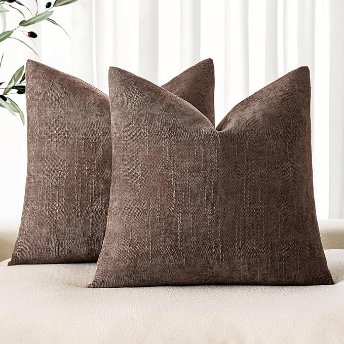MIULEE Pack of 2 Decorative Throw Pillow Covers Soft Chenille Euro Throw Pillows Solid Textured Cushion Covers for Couch Sofa Bedroom Living Room 24x24 Inch, Chocolate