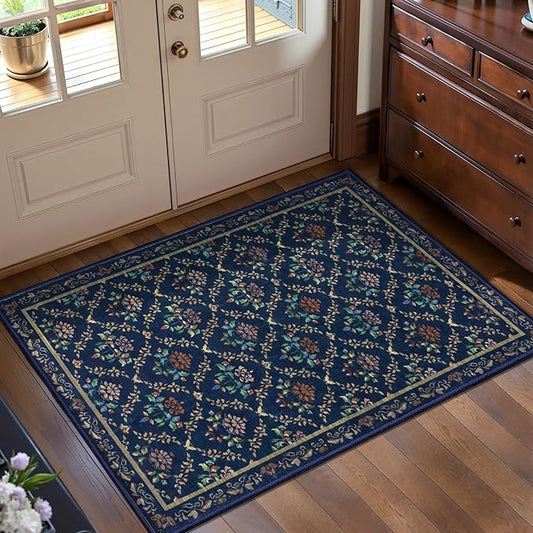 Tangsoo 2x3 Small Washable Entry Rug,Non Slip Blue Floral Throw Area Rugs for Entryway,Front Door Mats Indoor Entrance Carpet for Kitchen Office Laundry, Soft Kids & Pets Friendly