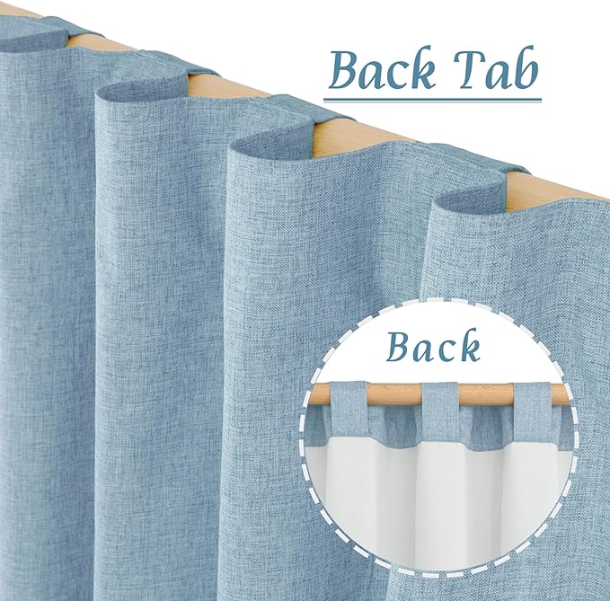 LAMIT Stone Blue 100% Blackout Linen Curtains, 84 Inch Linen Textured Living Room Farmhouse Curtains Room Darkening Back Tab and Rod Pocket Neutral Panels with White Liner, 2 Panels, 60 x 84 Inch