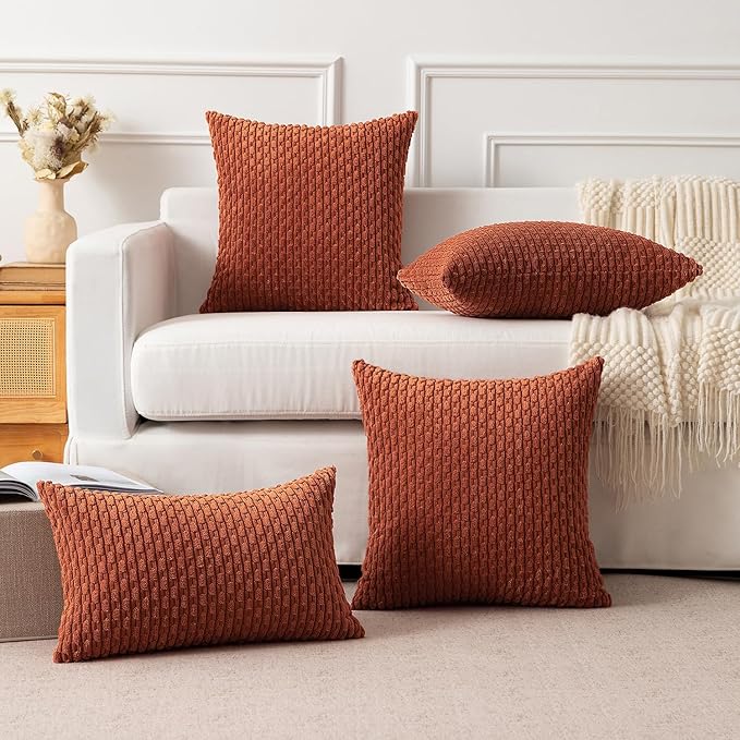 Kevin Textile Fall Corduroy Pillow Covers 26x26 Inch 2 Packs Soft Cozy Euro Pillows with Stripe Pattern Big Throw Pillowcases for Couch Sofa Bedroom Home Decor, Rust