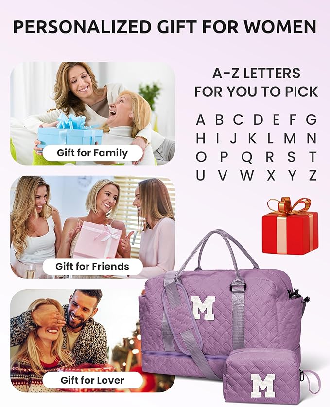 Vogewood Duffle for Women with Shoe Compartment, Personalized Weekender with Shoulder Strap, Overnight Bag with Trolley Sleeve & Wet Pocket, Travel Bag with Makeup Bag (Letter E)