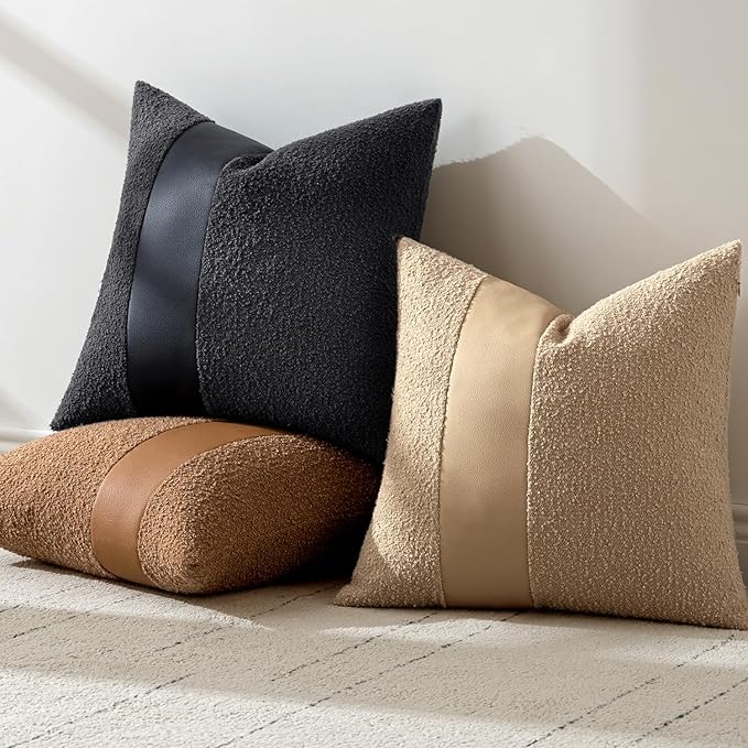 MIULEE Boucle Throw Pillow Covers 18x18 Inch Set of 2 Black Faux Leather Textured Decorative Pillow Cases Boho Farmhouse Accents Cushion Covers for Couch Bed Livingroom Home Decor
