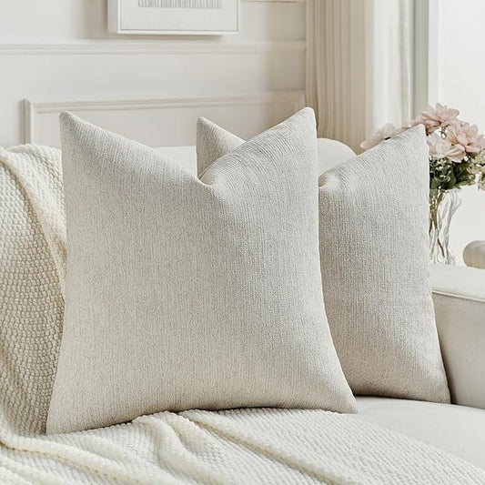 FUTEI Natural White Wood Chenille Decorative Throw Pillow Covers 22x22 Inch Set of 2,Soft Cozy Faux Linen Textured Cushion Case,Farmhouse Home Decor for Couch Living Room
