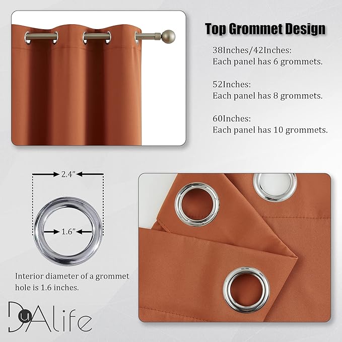 DUALIFE Terracotta Curtains-Rust Blackout Curtains for Small Windows 54 Inch Length Burnt Orange Solid Curtain Panels Thermal Insulated Grommet Short Room Darkening Curtains for Bedroom