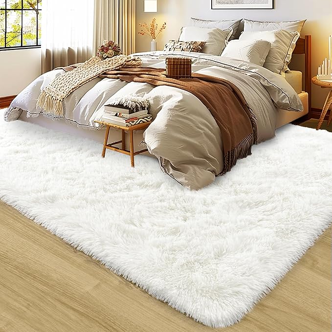Ultra Fluffy Area Rugs for Living Room Bedroom, 6x9 Fuzzy Large Living Room Rugs, Thick Shag Rug for Dorm, Soft Non Slip Kids Girls Boys Rug for Home Decor Aesthetic, Cream White