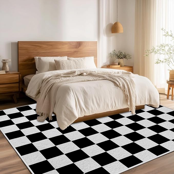 Black and White Checkered Rug for Living Room, 8x10 Area Rugs, Checkered Area Rug, Geometric Plaid Large Rugs, Geometrical Washable Non Slip Retro Carpet Home Floor Decor