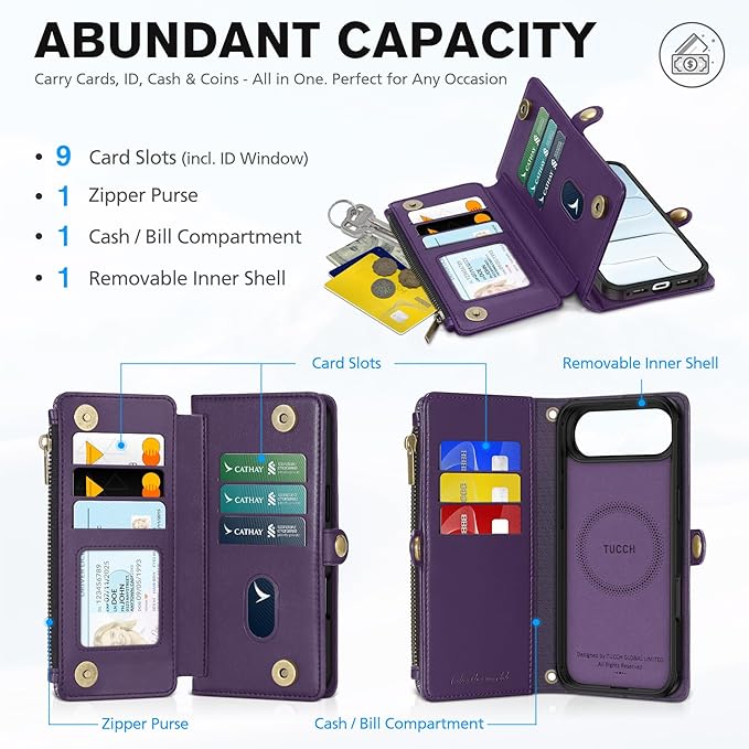 TUCCH Removable Crossbody Wallet Case for iPhone Air 6.5", RFID Blocking 9 Card Holders, Lanyard, Wrist Strap, Wireless Charging, Stand, Zipper Pocket, PU Leather, Magnetic Flip Cover, Deep Purple