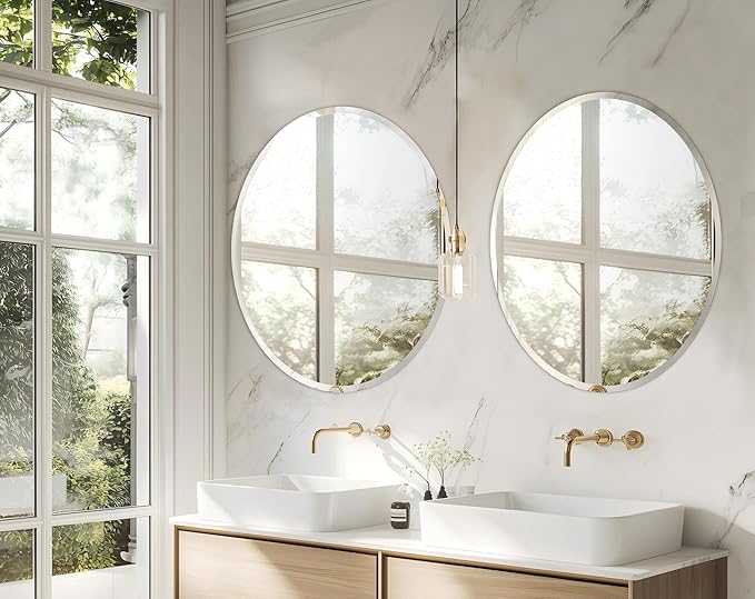 Frameless Round Wall Mirror: Decorative Mirrored Glass Vanity with Beveled Silver Edge for Bathroom Bedroom Livingroom Dining Room Entryway Hallway, 24 x 24 inch