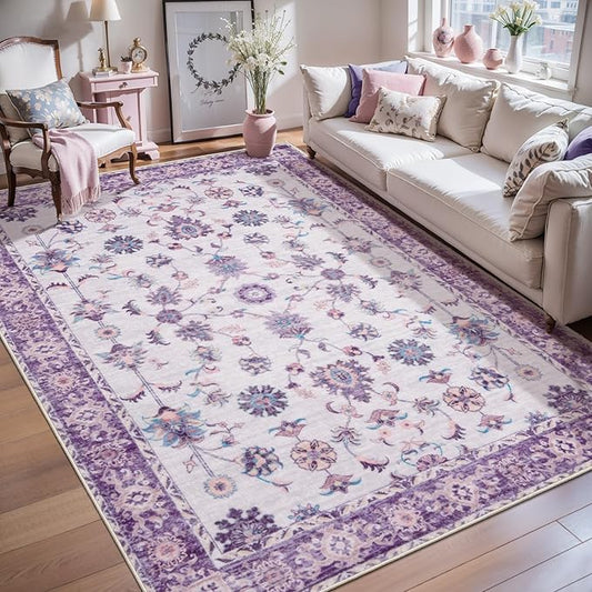 Tangsoo 4x6 Washable Area Rugs Non Slip, Boho Distressed Vintage Purple Floral Throw Rug for Bedroom Nursery, Soft Low Pile Floor Carpet Indoor Mat for Entrance Bedside Kitchen Office Farmhouse