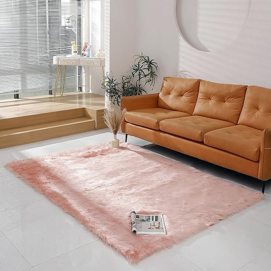 Faux Fur Rug Sheepskin Shag Fluffy Fuzzy 5x7 ft Pink Rugs for Bedroom Bedside Bed Floor Living Room Plush Rectangle High-Density Cushion Carpet Super Sofa Cover