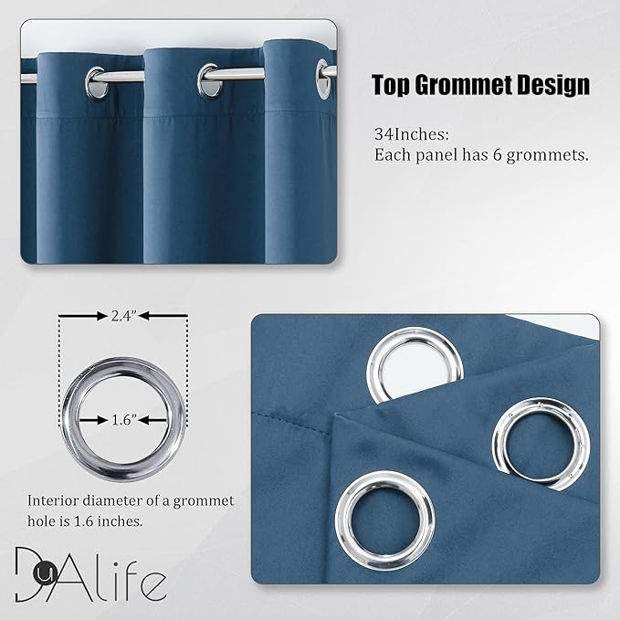 DUALIFE Denim Blue Curtains 63 Inch Length, 34 Inch Wide Narrow Curtains for Short Window, Bedroom Blackout Curtains for Boys Room Decor(Midnight Blue, 34x63 Inch, 2 Panels, Grommet Top)