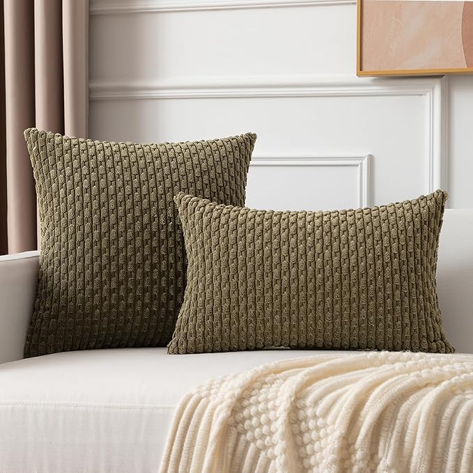 Kevin Textile Pack of 2 Corduroy Decorative Throw Pillow Covers 18x18 Inch Soft Boho Striped Pillow Covers Modern Farmhouse Home Decor for Sofa Living Room Couch Bed Olive Green