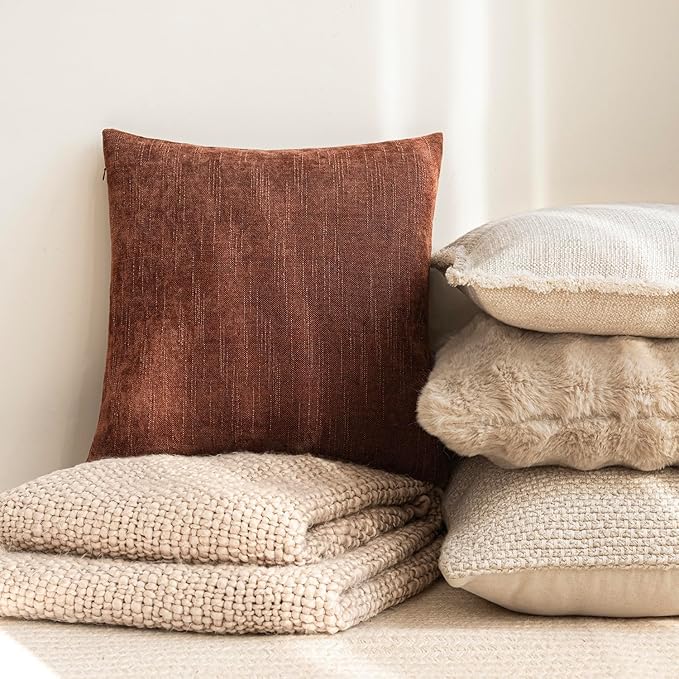 Foindtower Pack of 2 Textured Chenille Throw Decorative Pillow Covers Square Accent Solid Cushion Cover Neutral Farmhouse Lumbar Pillow Case for Couch Sofa Bedroom Living Room 12x24 Inch,Red Taupe