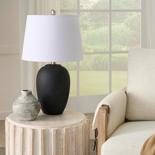 Nourison Home 23" Black Vintage Distressed Ceramic Pot Table Lamp for Bedroom, Living Room, End Table, with White Tapered Drum Shade